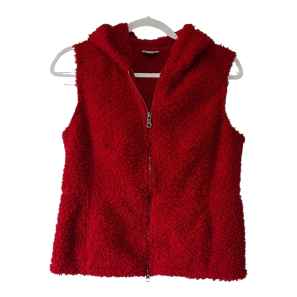 J. Jill Red Teddy Bear Fleece Full Zip Hoodie Vest Women’s Sm Cozy Cabincore